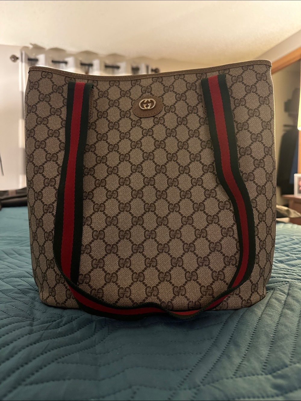 Authenticated Vintage Gucci Brown GG Canvas Tote with Red & Green Web Straps  -